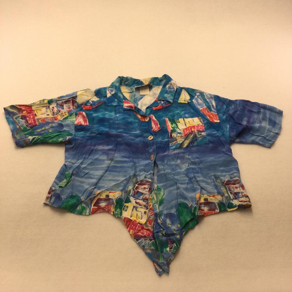 Vintage Saint Germain Paris Shirt Womens Large Blue Nautical Cropped Rayon Hem